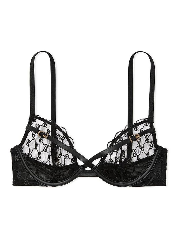 Black Unlined Demi Faux Leather Monogram Bra (B54218) | €22