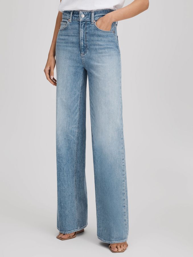Paige Wide Leg Distressed Jeans in Magnifique Blue (B54417) | €330