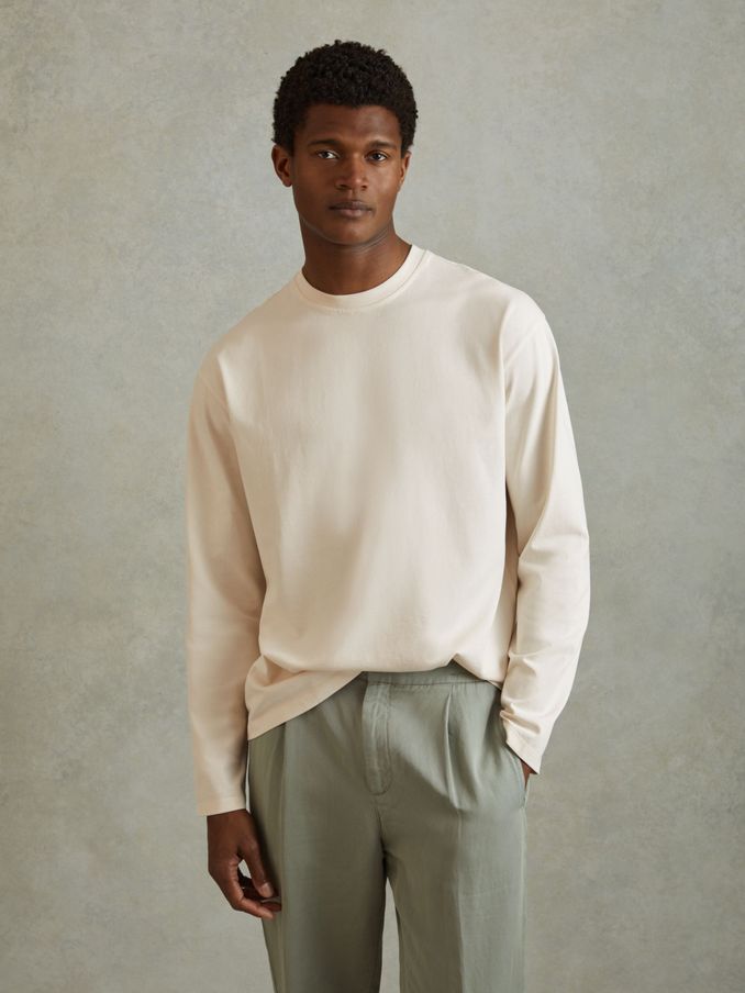 Cotton Crew Neck Long Sleeve T-Shirt in Off White (B54432) | €55