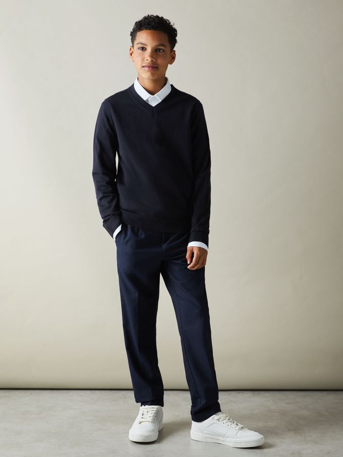 3-9 yrs Merino Wool V-Neck Jumper in Navy (B54442) | €40