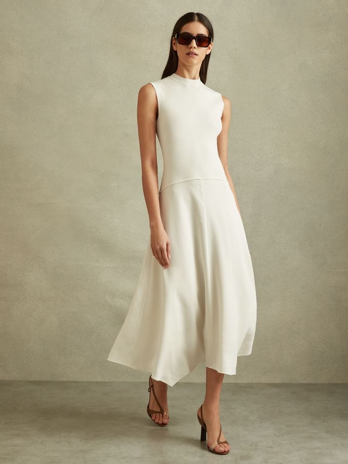 Hybrid Knit Tie Back Midi Dress in Ivory (B54502) | US$114