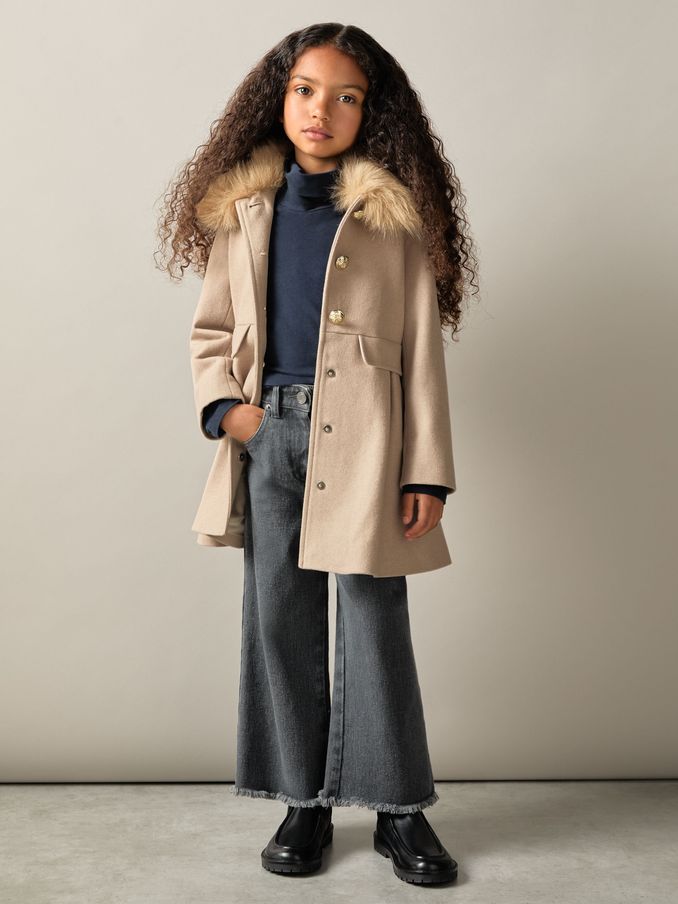 9-13 yrs Faux Fur Collar Wool Blend Coat in Oatmeal (B56475) | US$123