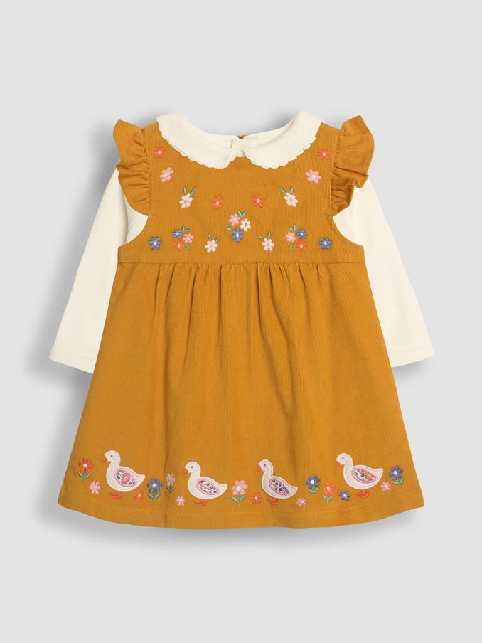 Mustard Yellow Duck Cord Embroidered Baby Dress & Body Set (B56748) | $37