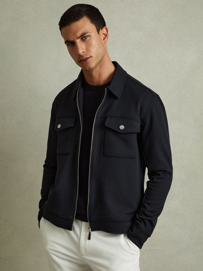 Interlock Jersey Zip-Through Overshirt in Navy Blue (B56989) | €240