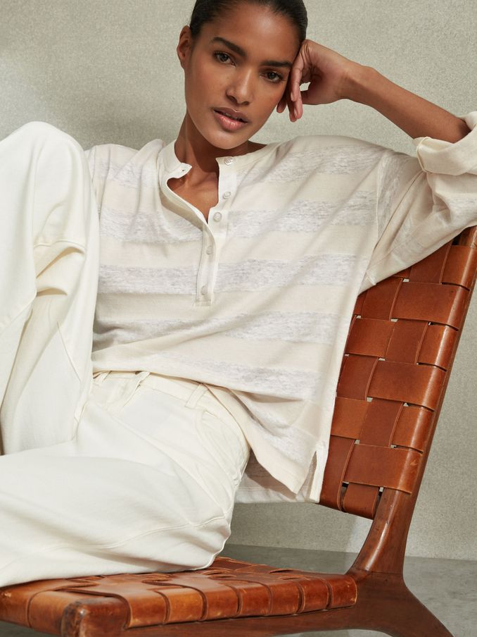 Linen-Cotton Striped Henley Top in Neutral/Ivory (B57140) | US$49