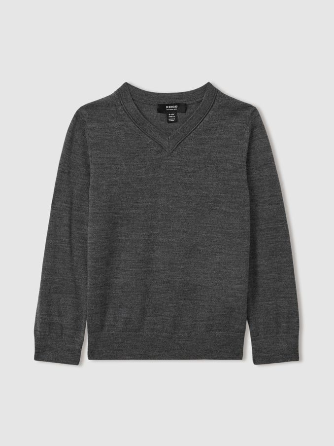 9-13 yrs Merino Wool V-Neck Jumper in Grey (B57491) | $28