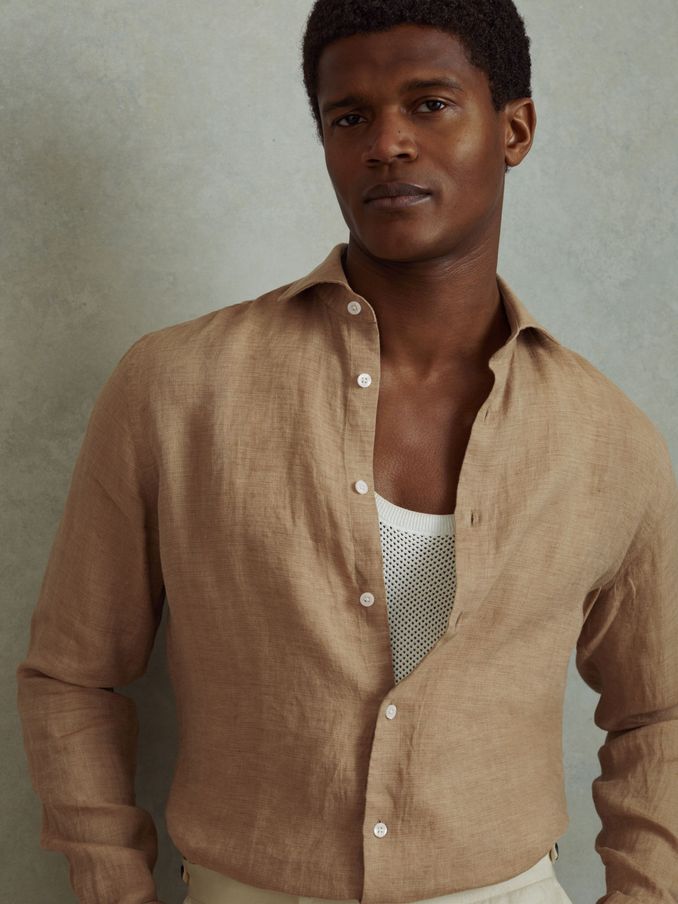 Linen Button-Through Shirt in Camel (B57554) | €68
