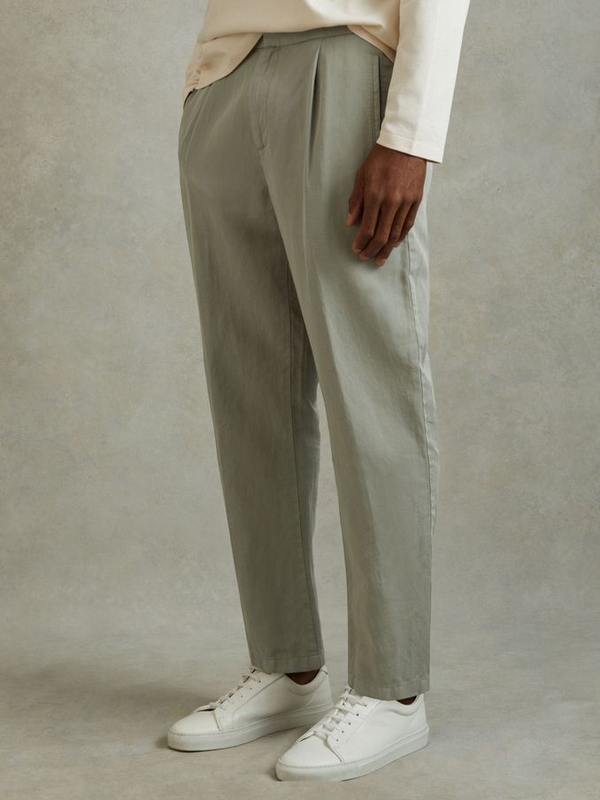 Relaxed Cotton/Linen Blend Elasticated Waist Trousers in Pistachio (B58577) | US$144