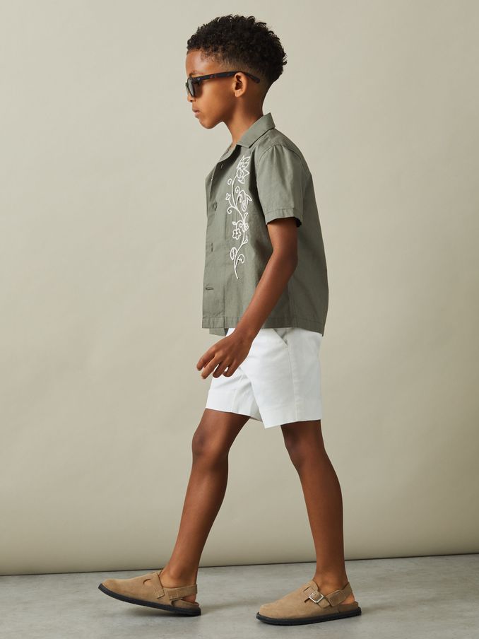 3-9 yrs Cotton Embroidered Cuban Collar Shirt in Sage/Off White (B58807) | US$16