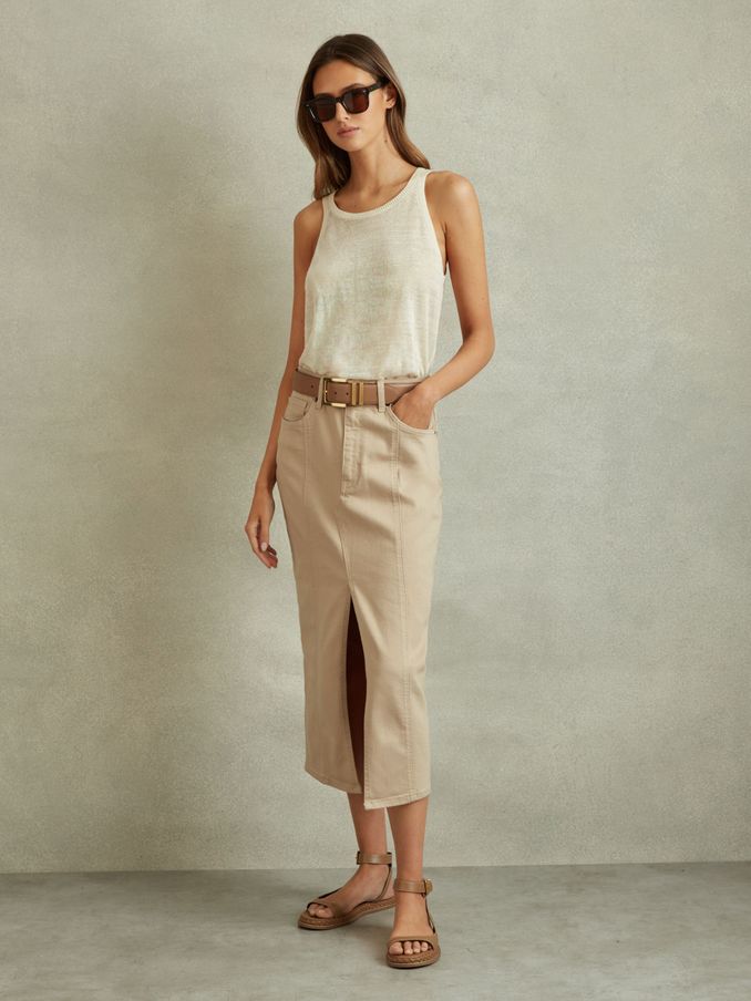 High Rise Denim Midi Skirt in Stone (B58885) | US$66