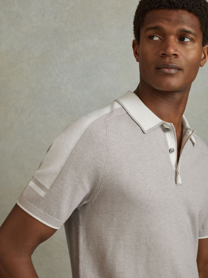Wool-Cotton Contrast Polo Shirt in Oatmeal Off White (B59253) | US$80