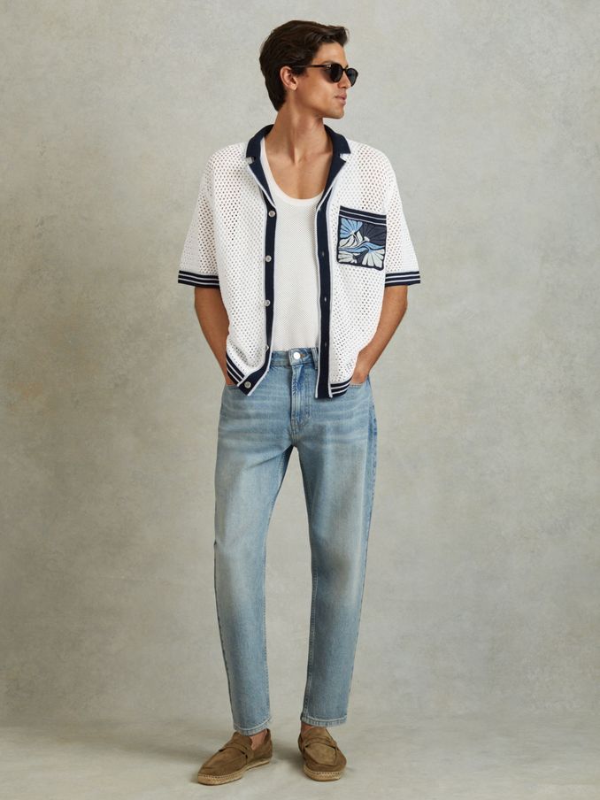 Open-Stitch Embroidered Cuban Collar Shirt in White/Blue (B59481) | US$145