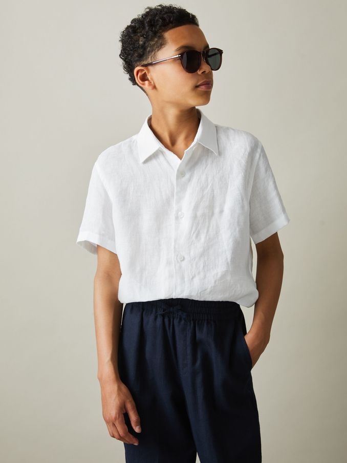 Linen Short-Sleeve Shirt in White (B59891) | US$60