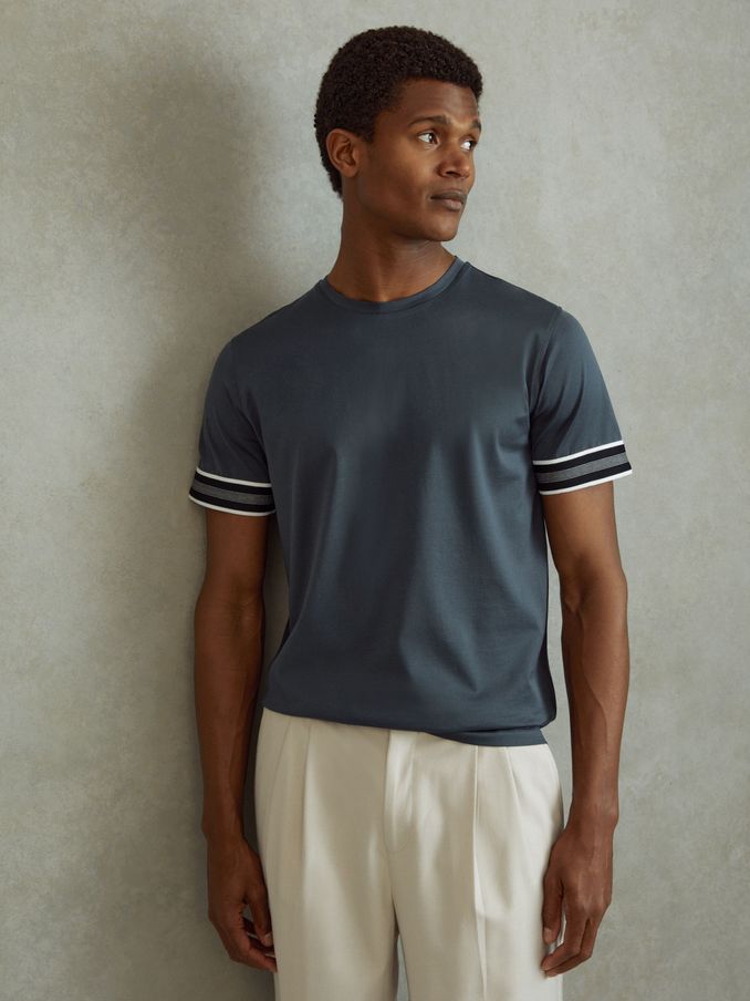Mercerised Cotton Striped T-Shirt in Steel Blue (B62807) | US$57
