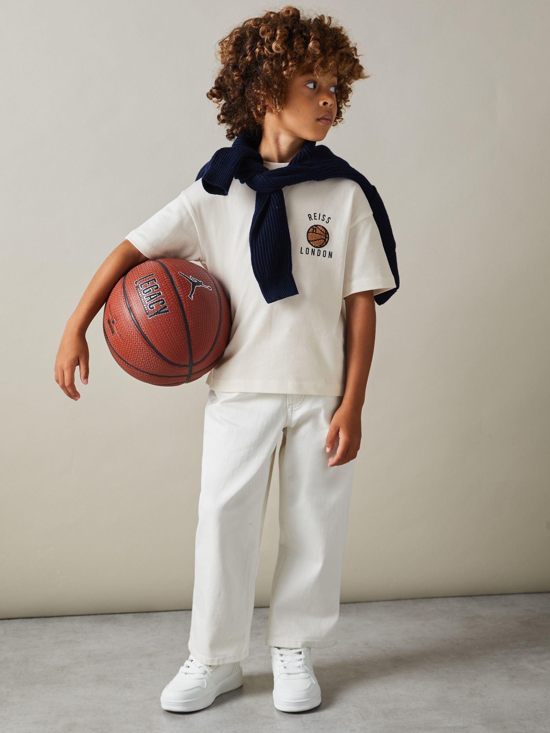 Junior Oversized Cotton Basketball Motif T-Shirt in Off White (B62899) | €10