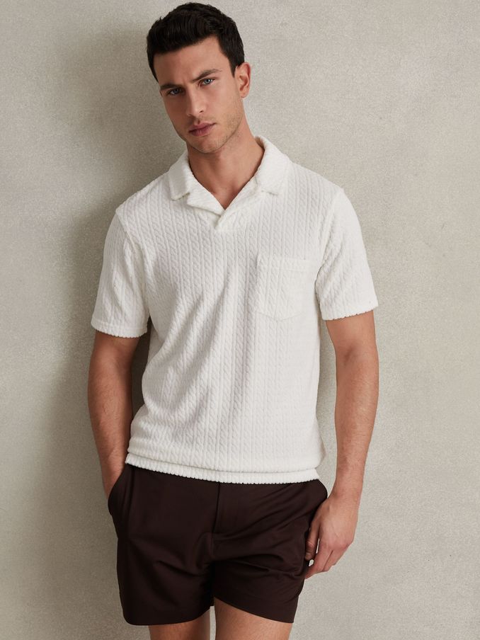 Towelling Cable Knit Polo Shirt in White (B63087) | €46