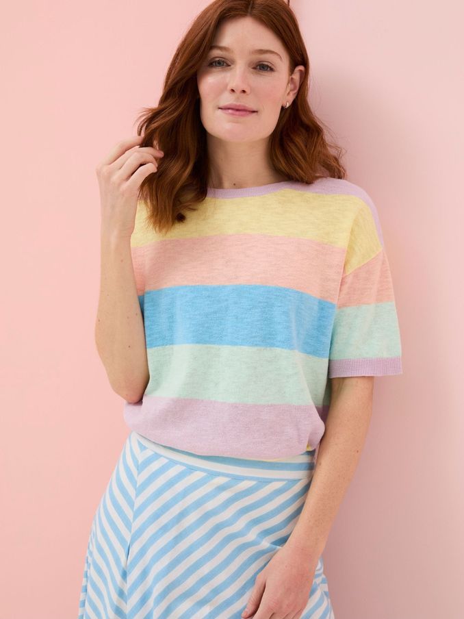 Multi Sorbet Linen Stripe Knit T-Shirt (B63923) | $46