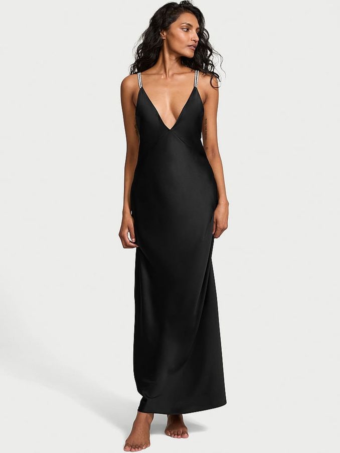 Black Twinkle Strap Satin Slip Dress (B64383) | €98