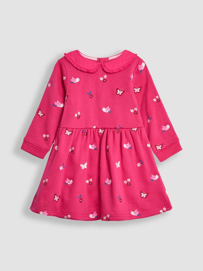 Raspberry Pink Bird Embroidered Sweat Dress With Collar (B64555) | $22