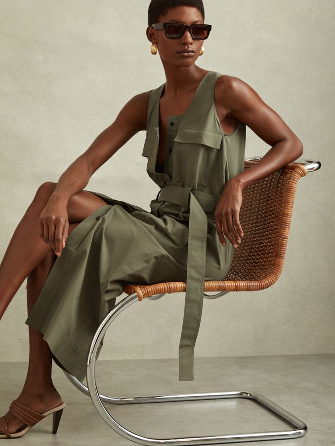 Utility Belted Midi Dress in Sage (B64594) | US$71