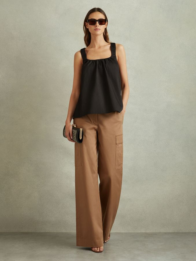 Cotton Ruched Strap Top in Black (B65096) | US$42