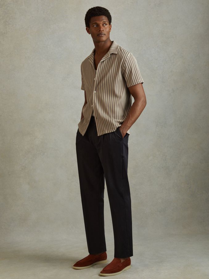 Ribbed Striped Cuban Collar Shirt in Sand/Navy (B65660) | €53