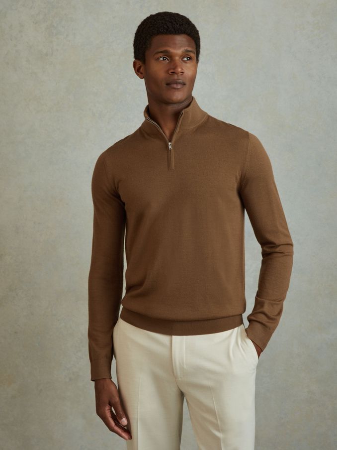 Merino Wool Half-Zip Funnel Neck Jumper in Tobacco Brown (B66062) | €82