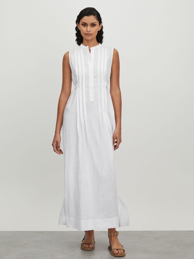 Bondi Born Linen Belted Midi Dress in White (B66455) | AED1,066