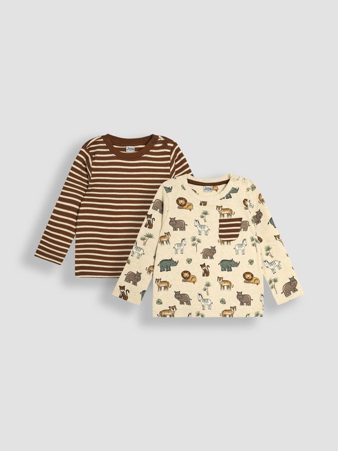 Natural Safari Animals Print & Stripe Long Sleeve 2-Pack Tops (B66904) | $12
