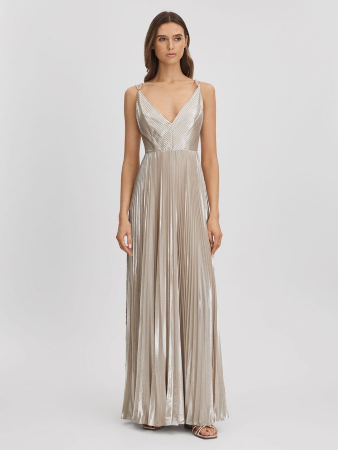 Halston Metallic Pleated Maxi Dress in Nude (B67057) | 3,097 SAR