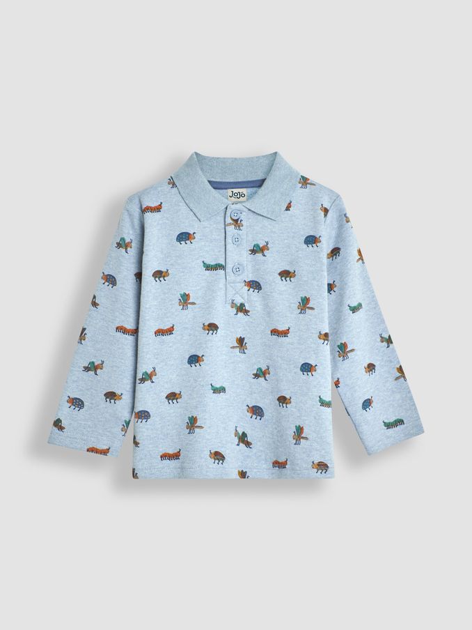 Light Blue Bug Long Sleeve Print Polo Shirt (B67367) | $10