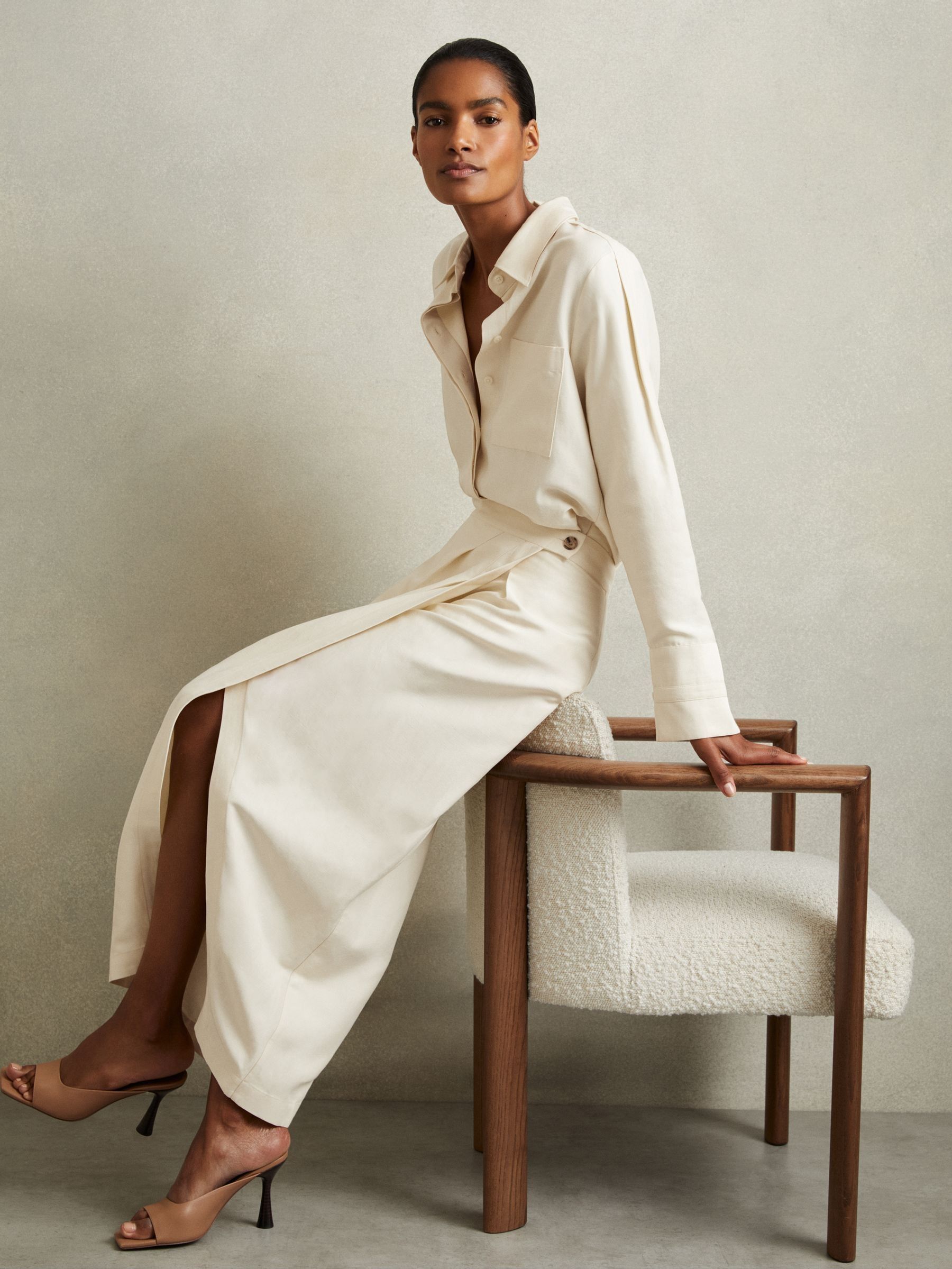 Caro Beige Wrap Front Midi Skirt with Linen (B68422) | US$78