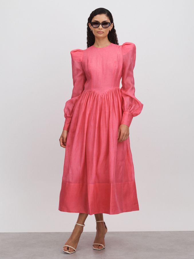 Leo Lin Silk-Linen Bishop Sleeve Midi Dress in Watermelon (B69043) | €498