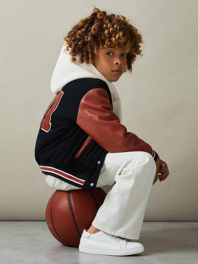3-9 yrs Hybrid Cord-Faux Leather Varsity Bomber Jacket in Navy (B69740) | US$72