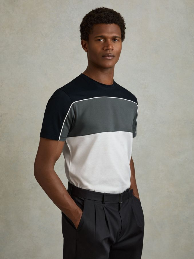 Mercerised Cotton Colourblock Crew Neck T-Shirt in Navy/White (B69946) | US$45
