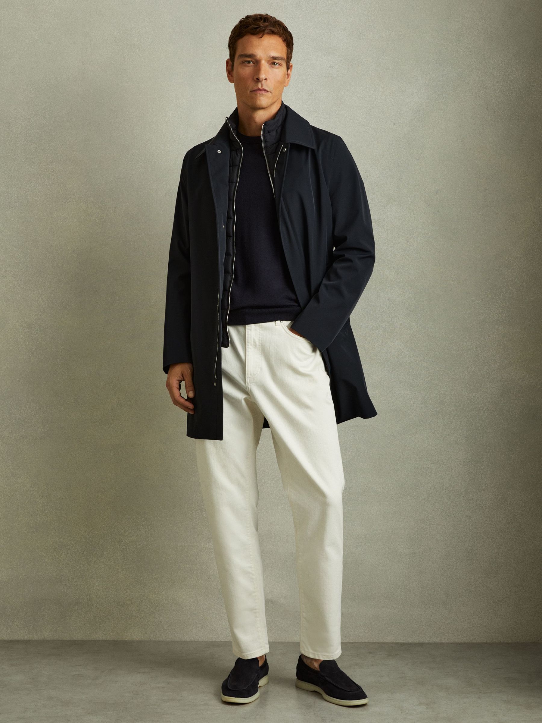 Hybrid Removable Funnel Neck Overcoat in Navy (B70130) | $515