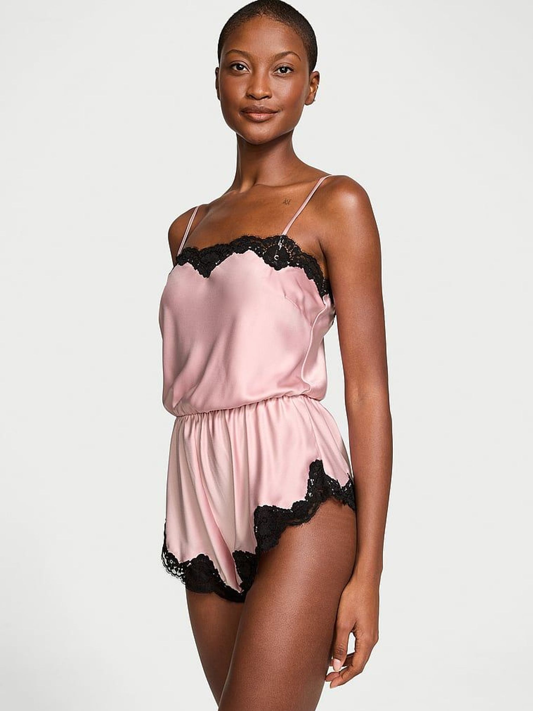 Chalk Rose Pink Satin Lace-Trim Playsuit (B70748) | €68