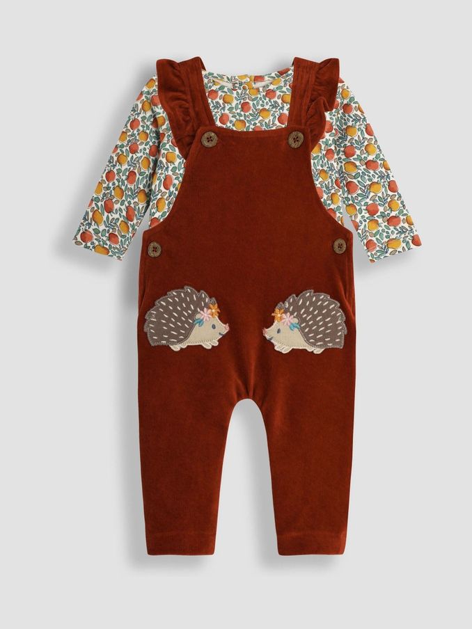 Rust Orange Hedgehog Appliqué Velour Dungarees and Top Set (B71616) | $21