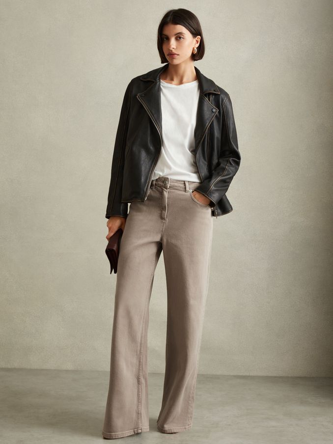 Petite Relaxed Garment Dyed Wide Leg Jeans in Neutral (B71754) | US$112