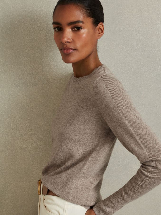 Wool Blend Crew Neck Jumper with Cashmere in Neutral (B71846) | US$160