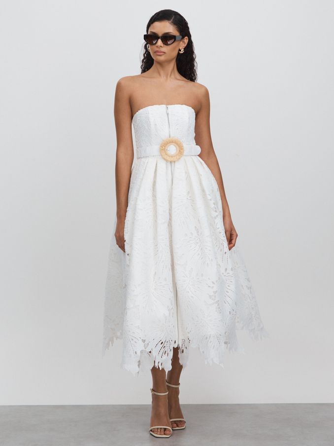 Leo Lin Strapless Lace Belted Midi Dress in Snow White (B72749) | €873
