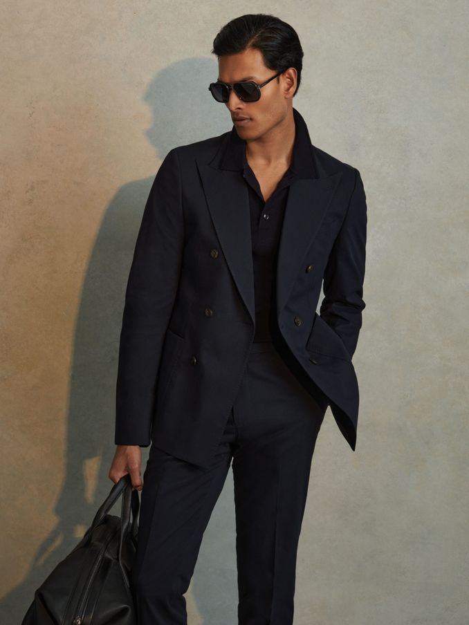 Double Breasted Cotton Blend Blazer in Navy (B72823) | CHF 213
