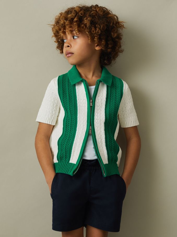 913{Gebreid katoenen shirt met rits in wit/helder groen (B72862) | € 43