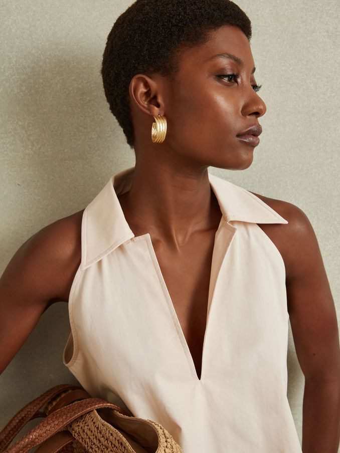 Open-Collar Cotton Blend Sleeveless Top in Neutral (B74387) | €54