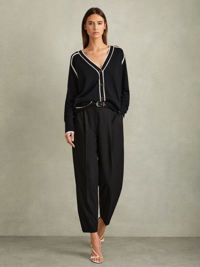 Wool Blend Contrast Tipped Cardigan with Cashmere in Black/Stone (B74461) | €83