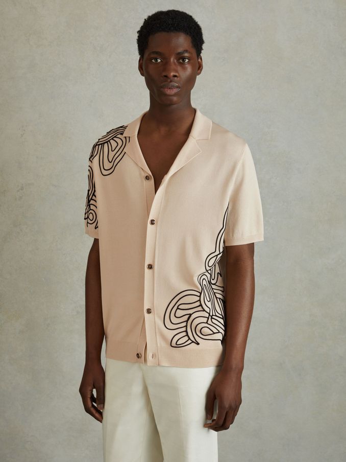 Jersey Embroidered Cuban Collar Shirt in Cream (B74827) | US$89