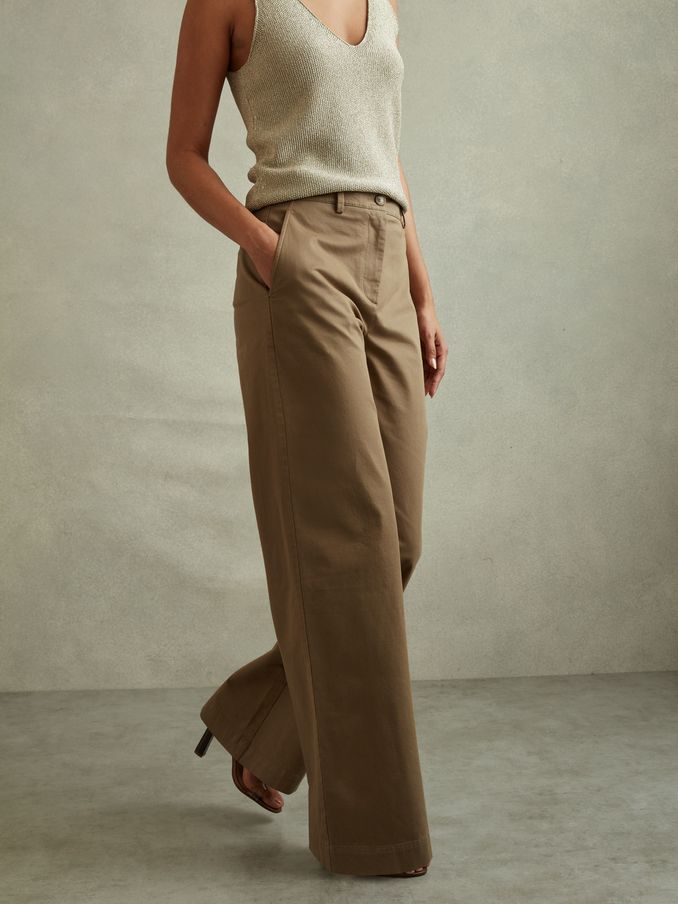 Cotton Blend Wide Leg Trousers in Dark Camel (B75485) | US$98