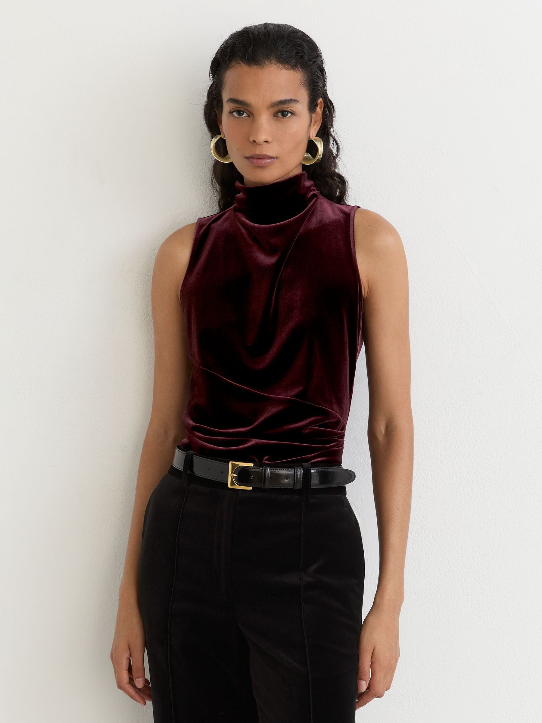 Burgundy - Velvet High-neck Sleeveless Top