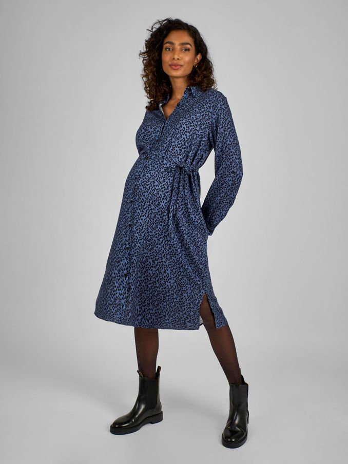 Navy Blue Animal Print Shirt Maternity Dress With Tie (B75980) | $27
