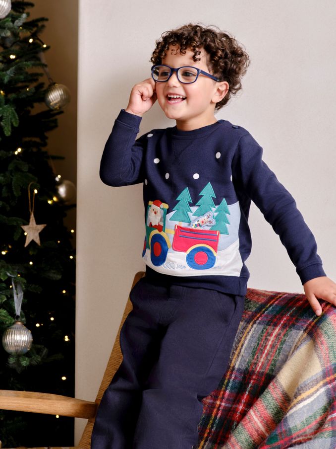 Navy Blue Santa and Reindeer Tractor Sweatshirt (B76923) | $19